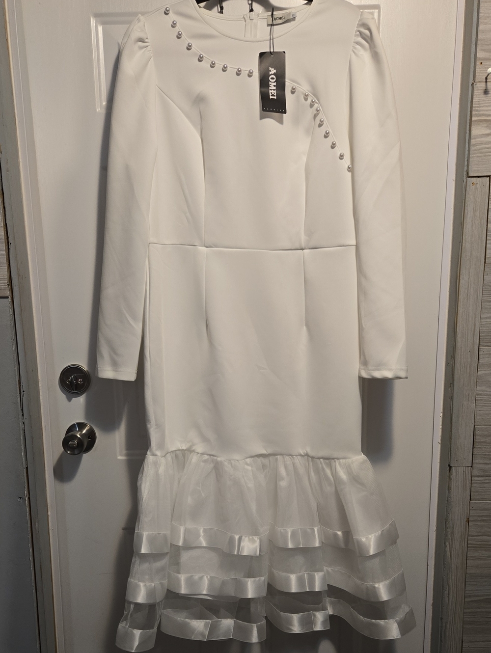 Aomei White Long-Sleeve Ruffle-Hem Dress with Pearl Accents